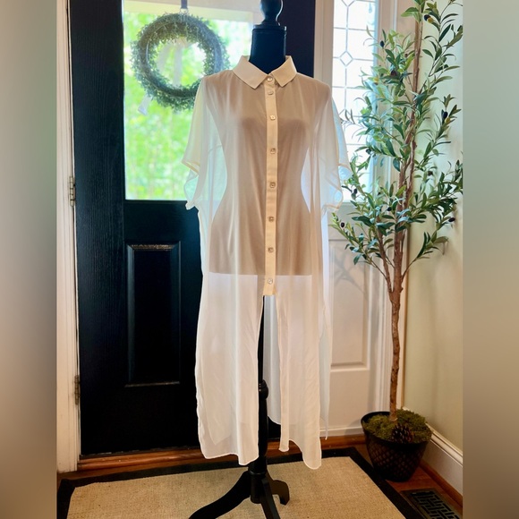 Chico's by Marla Wynne Chiffon Ivory Long Tie-Front Tunic/Duster Size M EUC - Picture 7 of 12